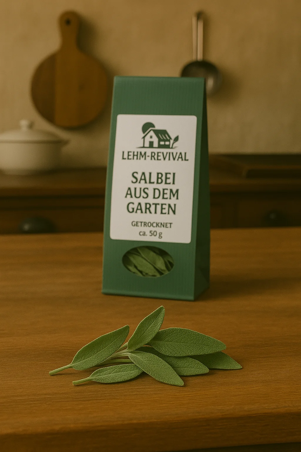 Salbeiblätter aus dem Garten, ökologischer Baustoff von Lehm-Revival