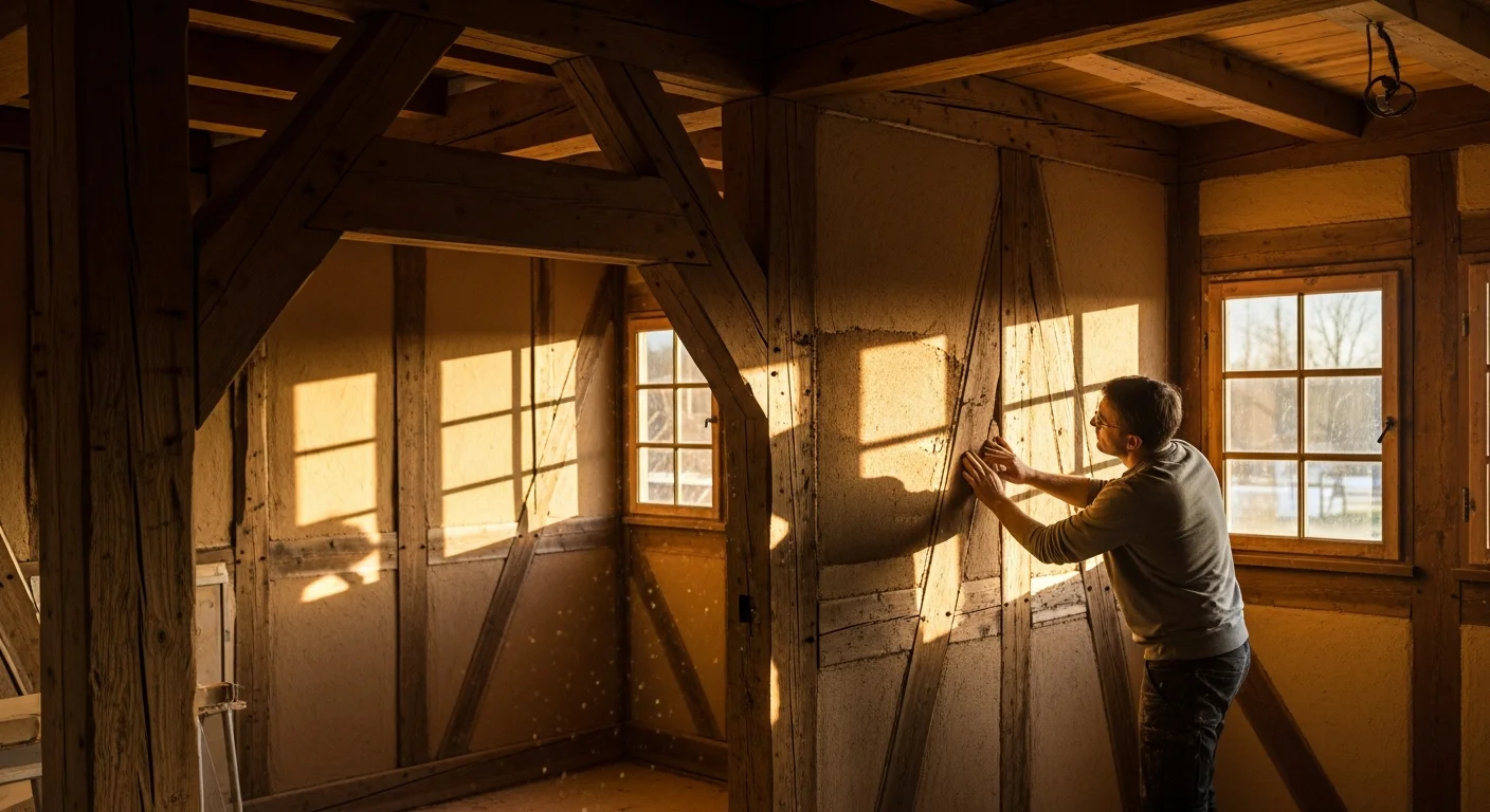Historisches Fachwerkhaus-Interieur mit Lehmputz und natürlichem Licht