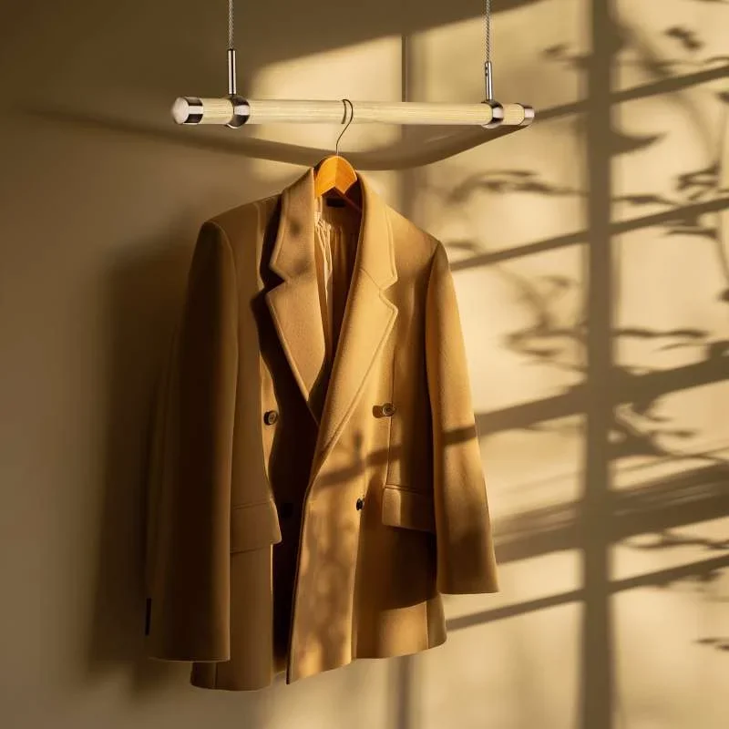 Jacke hängt an einer Garderobenstange aus Holz mit Edelstahl-Verbindungen, warme Lichtstimmung