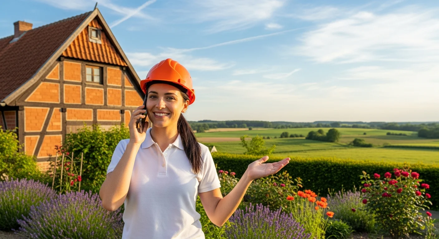 Lehm-Revival - Kundenberatung vor einem norddeutschen Resthof mit Lehmputz-Fassade
