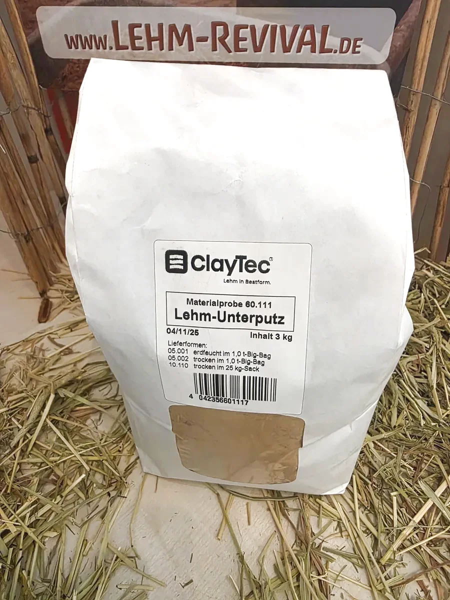 Lehm-Revival ClayTec Produktmuster Lehm-Unterputz grob mit Stroh
