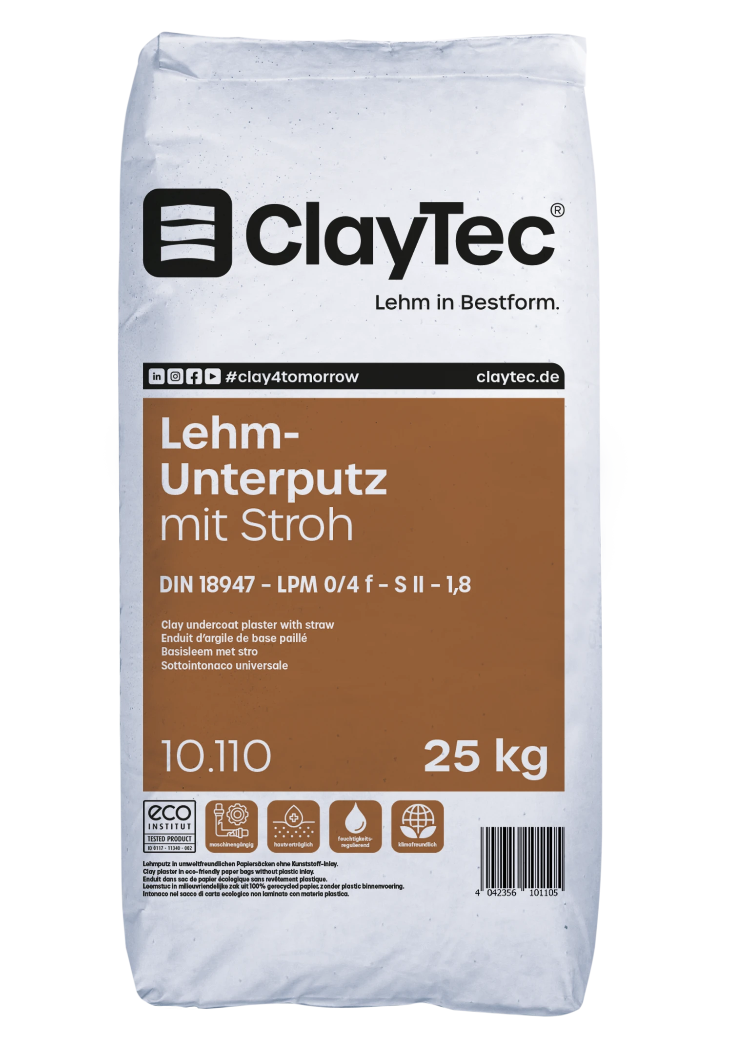 ClayTec Lehm-Unterputz mit Stroh 25 kg – Einzelsack Vorderansicht, SKU 10.110