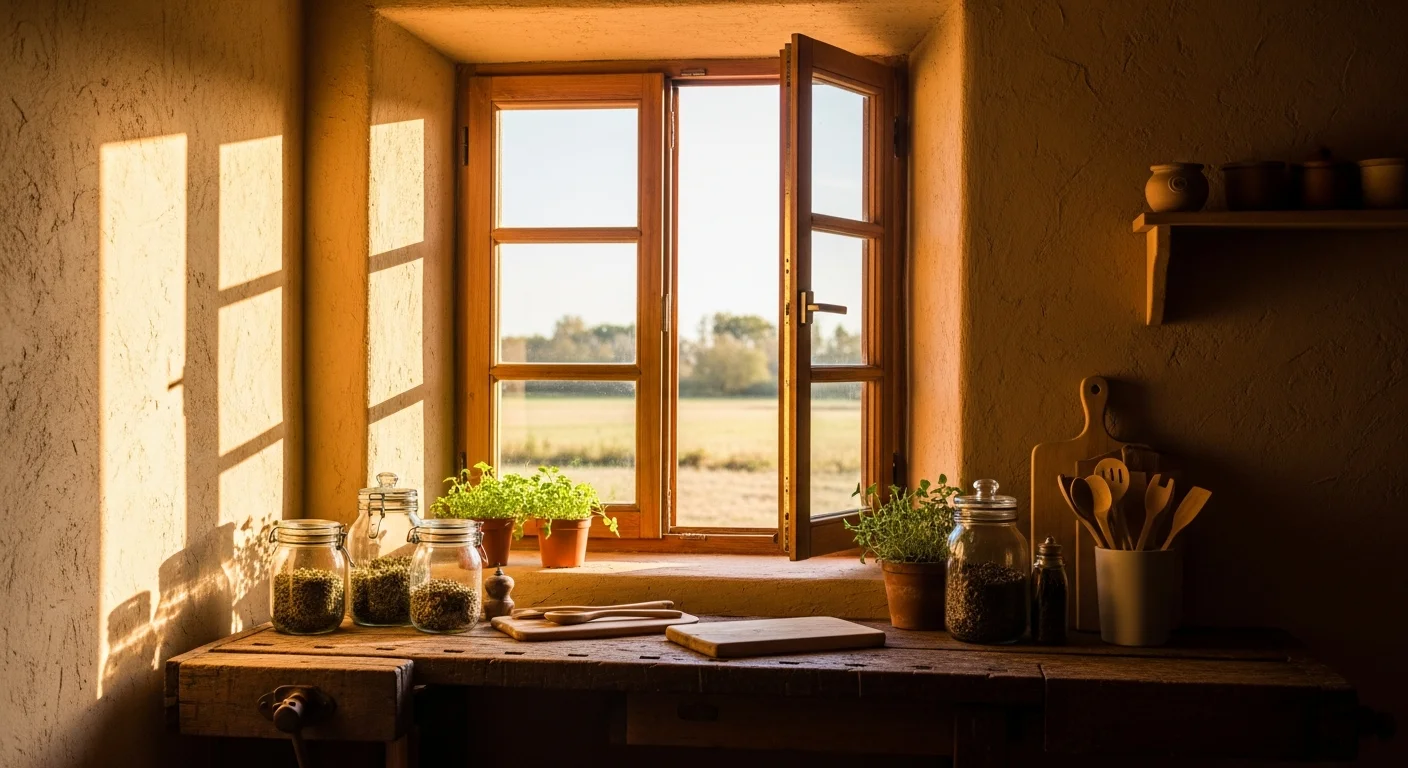 Rustikale Küche mit Lehmwänden und natürlichem Licht – gesundes Wohnen mit Lehm