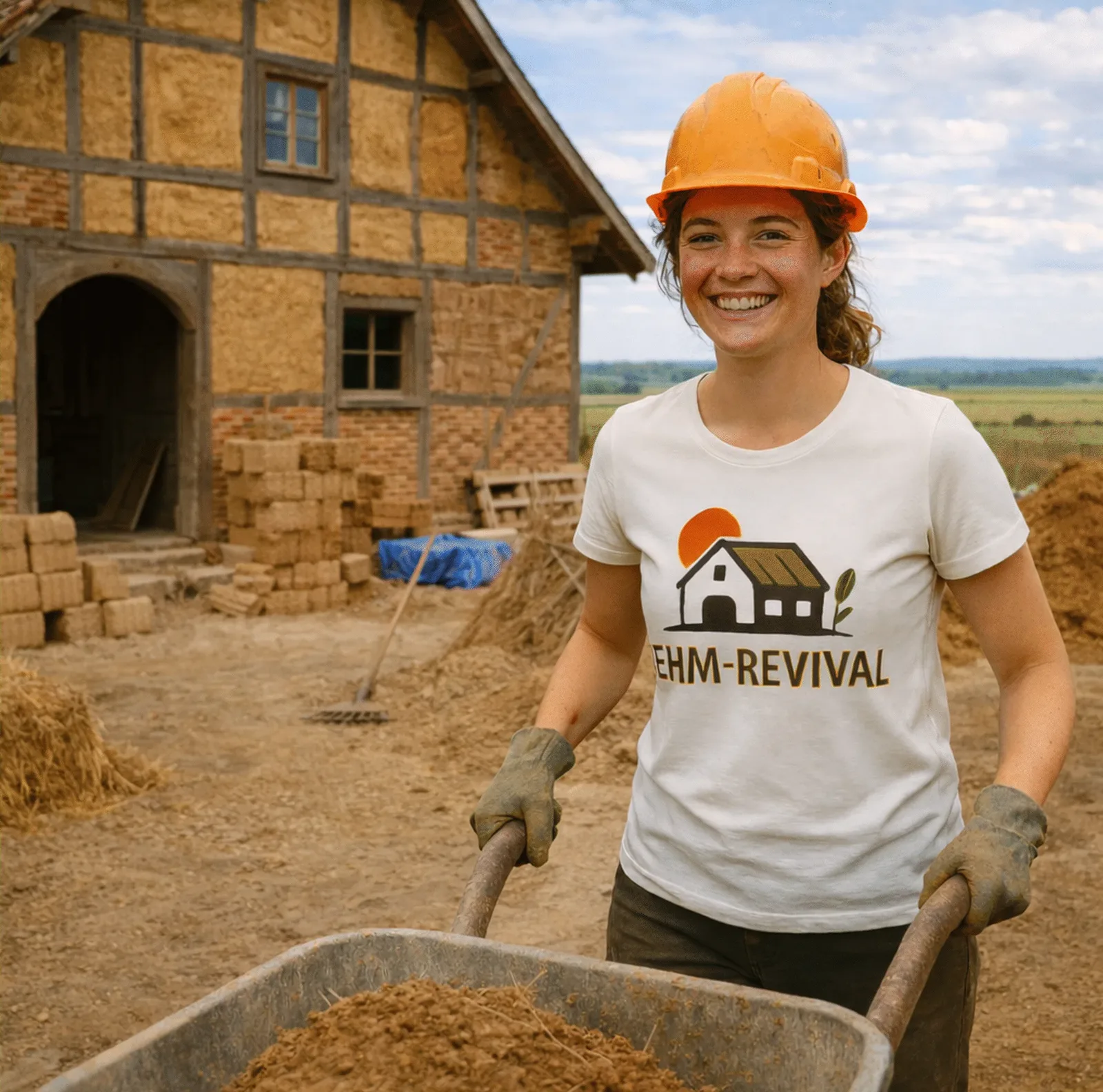 Frau im Lehm-Revival-Shirt mit Schubkarre voll Lehm vor einem Fachwerkhaus