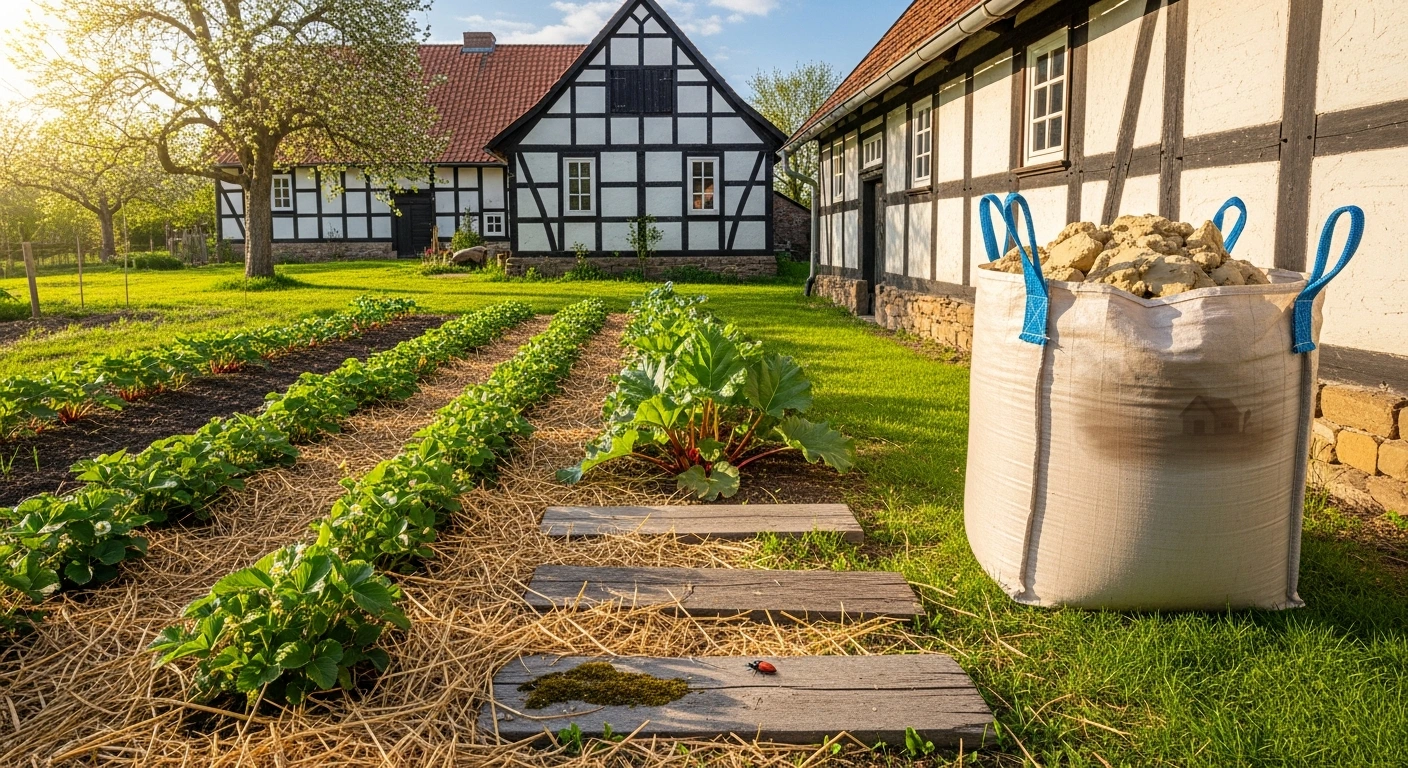 Lehm-Revival Mai-Aktion 2026 – Maikäfer im Flug über idyllischer Blumenwiese mit restauriertem Fachwerkhaus