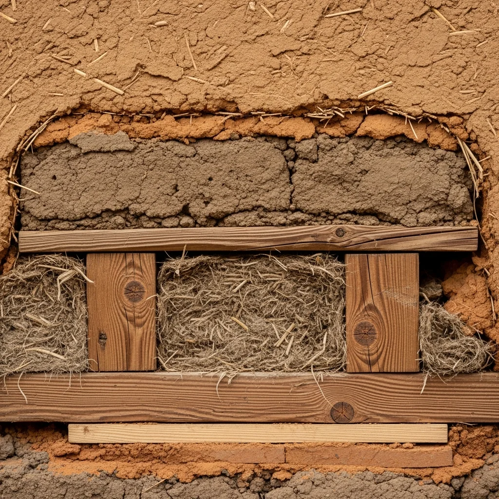 Natürliche Baustoffe Lehm und Holz an einer historischen Wand mit bauphysikalischen Schichten