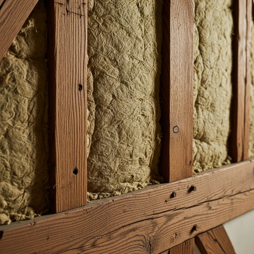 Hanf-Klemmfilz zwischen Holzbalken eines Fachwerkhauses als natürliche Innendämmung