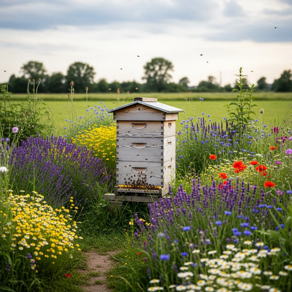 Bienenstock in einem naturnahen Garten mit bluehendem Kraeuter- und Wildblumenbestand