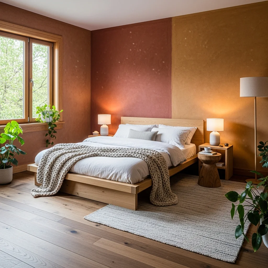 Schlafzimmer mit natürlichem Lehmputz in warmen Erdtoenen und ruhiger Atmosphaere