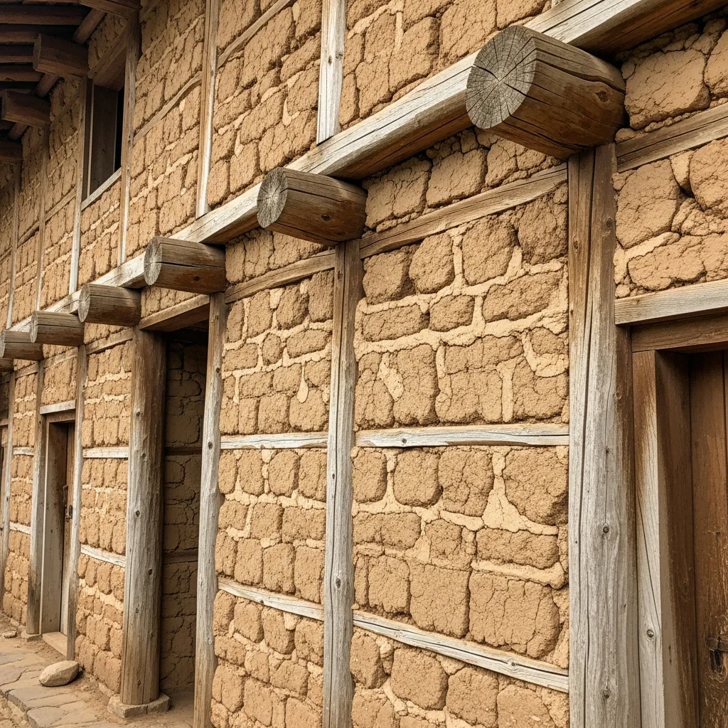 Traditionelle Lehmbaukonstruktion mit sichtbaren Lehmziegeln und Holztraegern