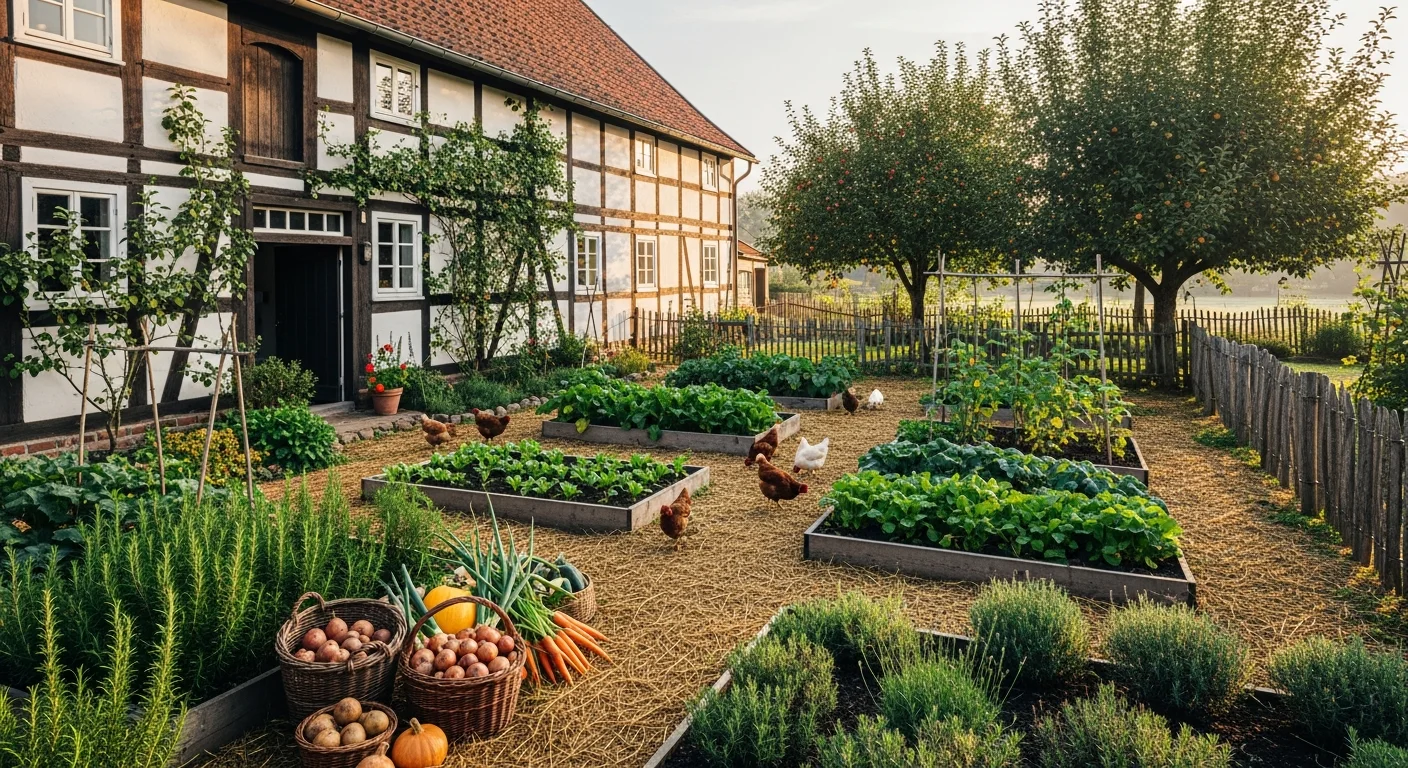 Selbstversorgerhof in Norddeutschland mit Gemuesegarten, Obstbaeumen und Nutztieren