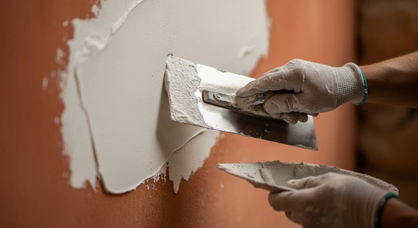 Handwerker traegt Kalkputz mit der Kelle auf eine Wand auf, mineralische Kalkoberfläche