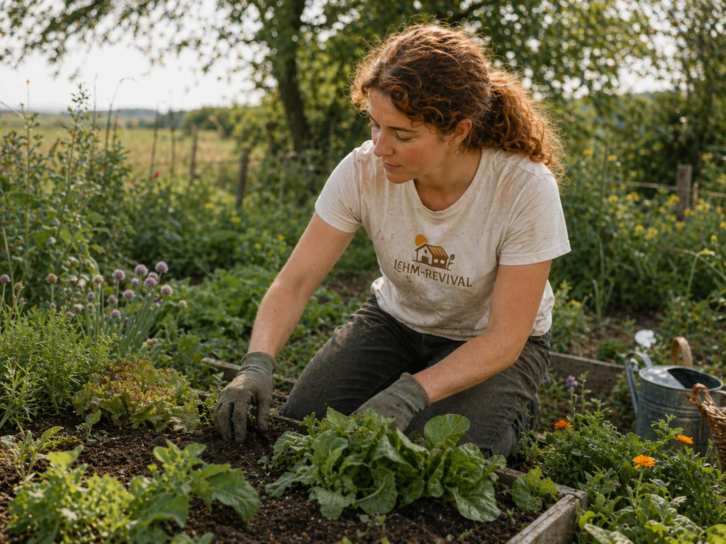 Frau mit Lehm-Revival-Shirt und Gartenhandschuhen pflegt Gemüsebeet in norddeutschem Naturgarten – zwischen Wildkräutern und Nutzpflanzen arbeitet sie kniend im Hochbeet
