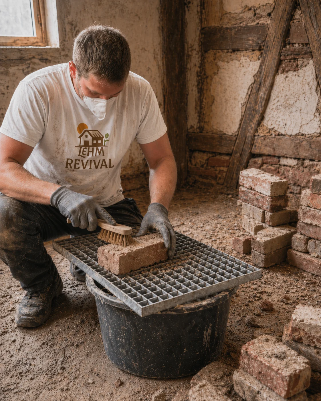 Lehm-Revival-Mitarbeiter reinigt alten Ziegelstein mit Naturhaarborste über Gitterrost in einem Fachwerkraum – Vorbereitung für den Wiedereinbau historischer Ziegel